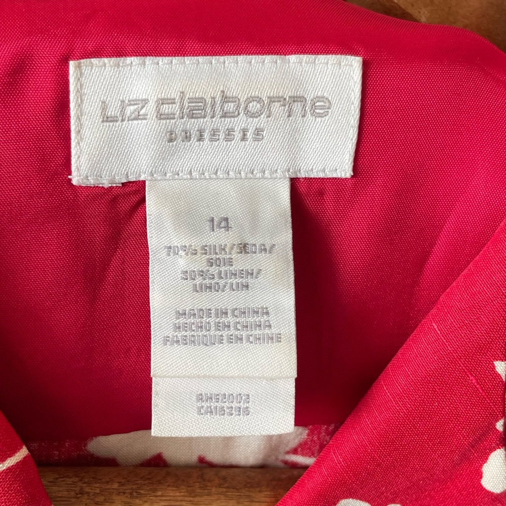 Liz Claiborne Floral Shirt Dress Button Front Red White Tropical Silk Linen 14 - Picture 2 of 4